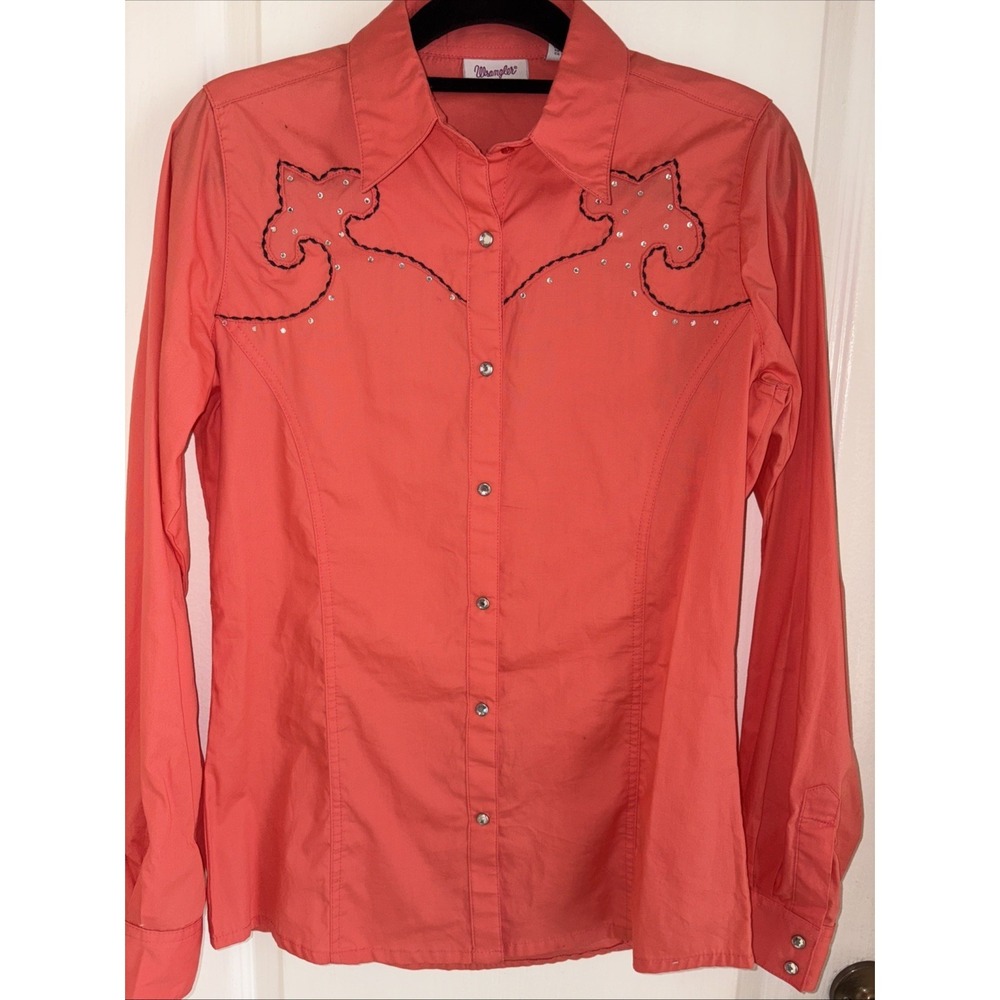 Wrangler Coral Shirt Rhinestone Snap Embroidered Western Cowgirl Womens Sz M